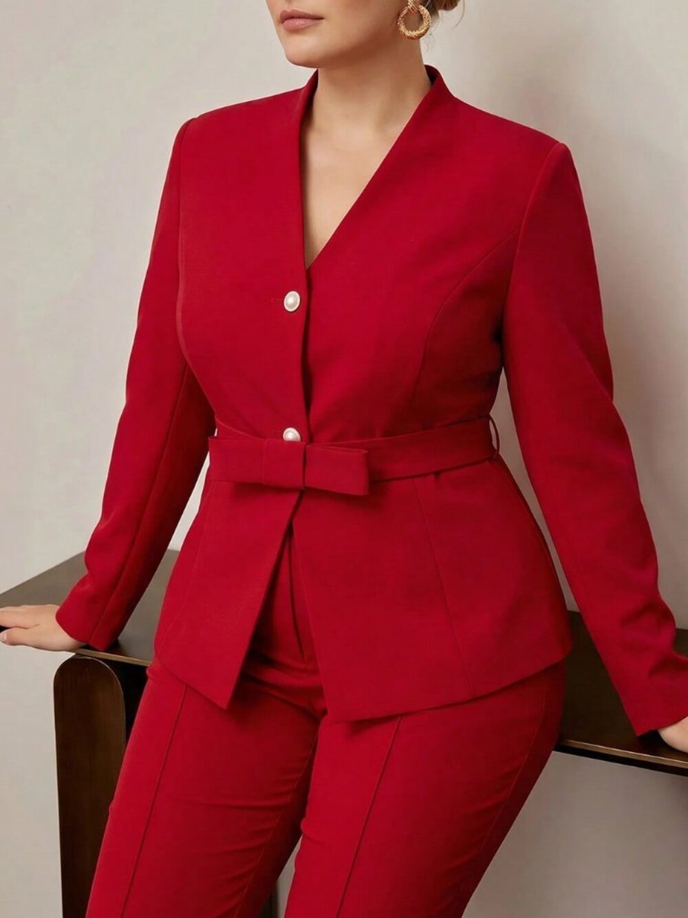 Red Elegant Women's Plus Size Butterfly Belt Elastic Suit Blazer